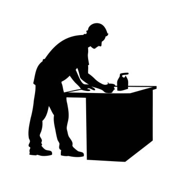 Ütü masasında siyah giysileri ütüleyen bir adamın silüeti mutfak tezgahının silüetini temizleyen bir adamın silüeti.