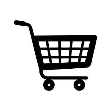 Beyaz arka planda siyah alışveriş arabası görünümü alışveriş malzemeleri, alışveriş arabası silueti çizimi için hazır