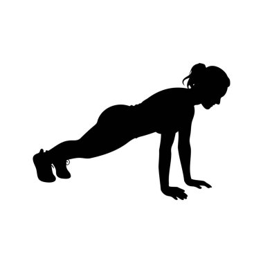 Beyaz arka plan üzerinde şınav çeken bir kadının silueti, siluet vektör çizimi yapan bir kadın.