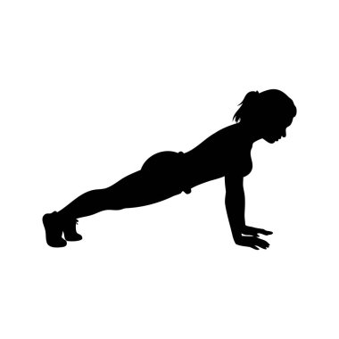 Beyaz arka planda şınav çeken bir kadının silüeti, siluet vektör çizimi yapan bir kadın.