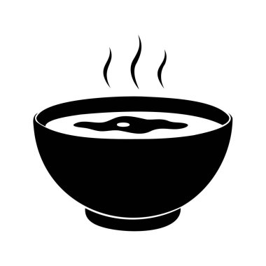 Buharda pişen çorba ya da et suyu, bir kase çorba, silüet vektör illüstrasyonunun siyah beyaz çizimi