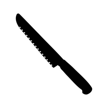 Tırtıklı bıçak silueti, siyah saplı, ekmek bıçağı silueti vektör çizimi.