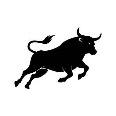 Eğimli boynuzları ve kaslı vücut şekli olan, siluet vektör çizimine hücum eden bir boğanın silüeti.