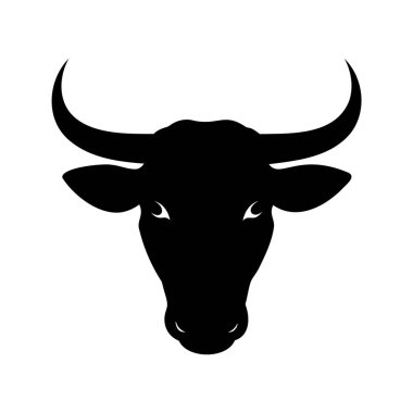 Boynuzları kıvrık ve keskin gözleri olan bir boğanın siyah silueti, siluet vektör illüstrasyonunu kapat.