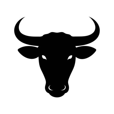 Kara Boğa Kafası 'nın silueti Büyük Kavisli Boynuzları, Hayvan Simgesi, boğa başı siluet vektör illüstrasyonunu kapat