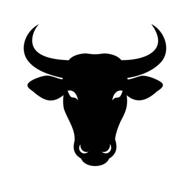 Büyük boynuzları ve anlamlı gözleri olan bir boğanın siyah silueti, siluet vektör illüstrasyonunu kapat.