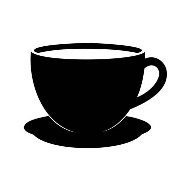 Kahve fincanının minimalist siyah silueti ve beyaz zemin üzerinde fincan tabağı, kahve fincanı silüeti çizimi