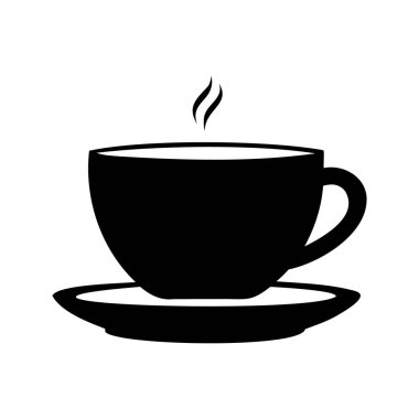 Bir fincan çay tabağının üzerinde tüten bir fincan kahvenin stilize edilmiş siyah ve beyaz çizimi, çay tabağı silueti vektör resimli kahve fincanı.