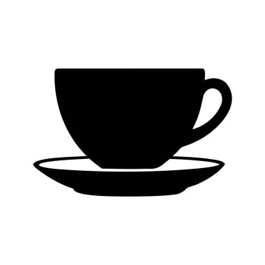 Kahve fincanının zarif siyah silueti uyumlu fincan tabağının üstünde duruyor, fincan fincanı ve çay tabağı silueti vektör çizimi.