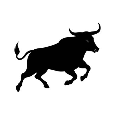 Güçlü siyah boğa silueti beyaz, boğa silueti çizimi üzerinde güç ve kararlılıkla ilerliyor.