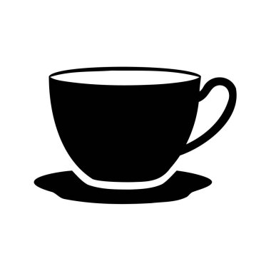Kahve fincanının zarif siyah silueti ve beyaz arka planda fincan tabağı, bir fincan çay silueti çizimi