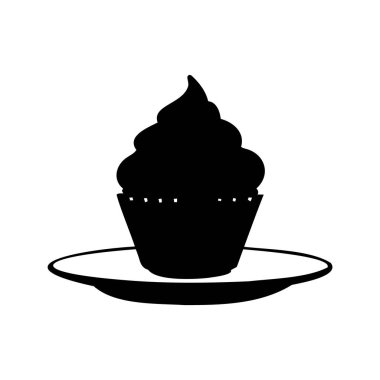 Tabağında krema olan lezzetli kek silueti, beyaza izole edilmiş, tabak siluetinde kek çizimi.