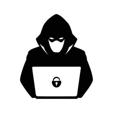 Bir ağ güvenliğini aşmak için bir dizüstü bilgisayar üzerinde çalışan isimsiz bir hacker şifreleme silueti çizimini kırıyor