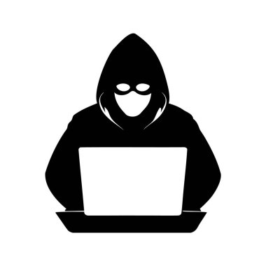 Karanlıkta dizüstü bilgisayar kullanan bir hackerın siyah siluet çizimi, dizüstü bilgisayar silueti çiziminde yazan hacker.