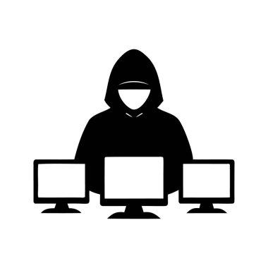 Siyah siluette üç bilgisayar ekranı olan kapüşonlu isimsiz biri, çoklu monitörlü hacker, siluet vektör çizimi