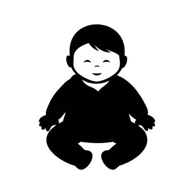 Bacakları çaprazlanmış, yeni doğmuş bebek silueti tasviri ile oturan mutlu bir bebeğin siyah ve beyaz silueti.