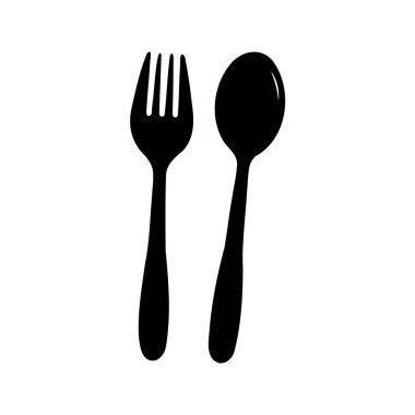 Yemek, kaşık, kaşık ve çatal siluet çizimi için basit minimalist siyah vektör çizimi