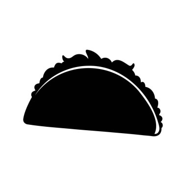Beyaz arka planda klasik, çıtır çıtır bir taco 'nun minimalist siyah silüeti, taco malzemeleri siluet vektör çizimi