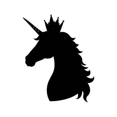 Şık siyah tek boynuzlu at silueti, dalgalı yeleli bir taç takıyor, silueti taç silueti ile siluet vektör çizimi yapıyor.