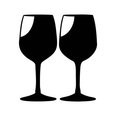 Beyaz arka planda, şarap kadehleri ve silüet vektör illüstrasyonuna karşı iki şarap kadehinin zarif çizimi