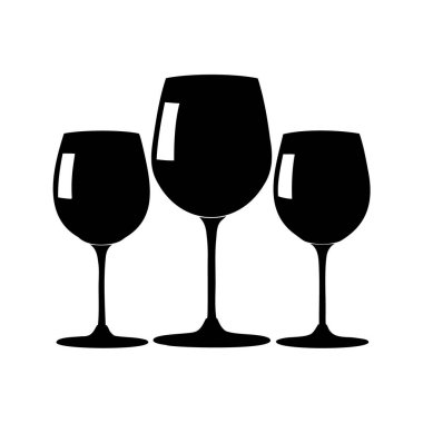 Beyaz zemin üzerinde üç şarap kadehinin silueti, şarap kadehleri siluet vektör çizimi