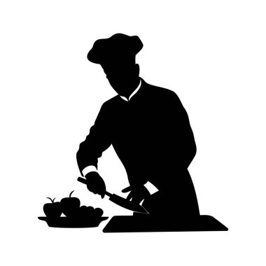 Bir şefin silueti tezgahta bıçakla meyveleri hazırlıyor, şef sebze doğruyor, silüet vektör çizimi yapıyor.