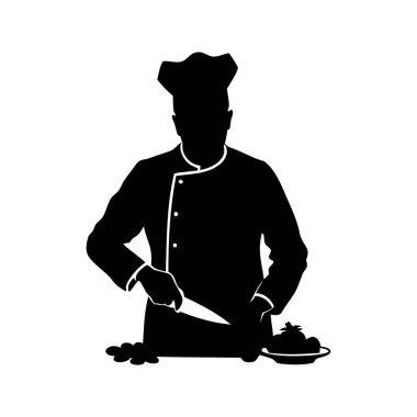 Bir şefin silueti profesyonel olarak bıçak ve hassasiyetle yemek hazırlıyor, sebze doğrayan bir şef siluet vektör çizimi yapıyor.