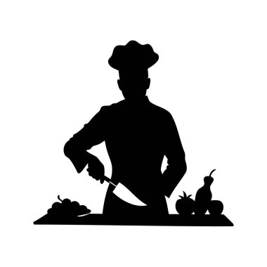 Mutfakta gurme yemeği için malzeme hazırlayan bir şefin silueti. Sebze silueti çizimi yapan bir şef.