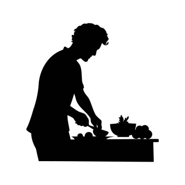 Masada değişik malzemelerle yemek hazırlayan, sebze doğrayan, silüet vektör çizimi yapan bir adamın silüeti.