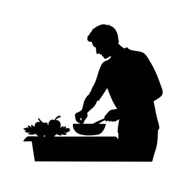 Mutfak ortamında yemek hazırlayan, sebze doğrayan, silüet vektör çizimi yapan bir adamın silüeti.