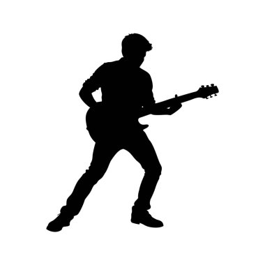 Bir gitaristin silueti beyaz bir arkaplana karşı tutkulu bir şekilde elektro gitarını çalıyor, gitar solo siluet vektör çizimine sahip gitarist