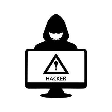 Bilgisayar Ekran Arkasında Siber Suçları sembolize eden bir Bilgisayar Korsanının Silueti, Uyarı silueti çizimi ile bilgisayar ekranındaki hacker