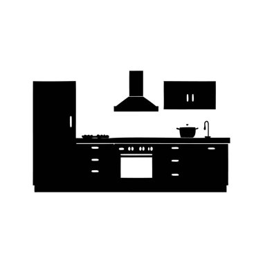 Dolap, soba, buzdolabı, kaput ve lavabo, mutfak silüeti vektör illüstrasyonu ile silüet mutfak iç çizimi