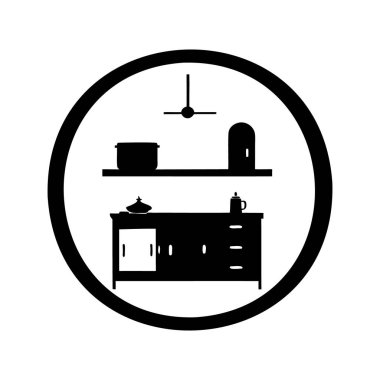 Dolap, raf, tencere ve tavan vantilatörü, mutfak saati siluet çizimi içeren bir daire mutfaktaki siluet.