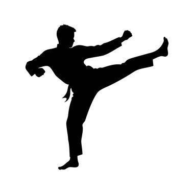 Güçlü bir tekme tekniğini uygulayan çarpıcı bir karate uzmanının silueti. Dövüş sanatları ustası yuvarlak tekme vektör çizimi yapıyor.