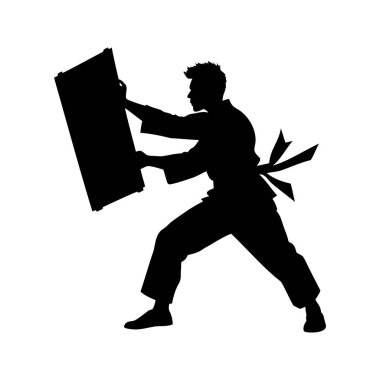 Dövüş sanatlarının silueti bir eğitim oturumunda tahtayı kırıyor, dövüş sanatlarının siluet vektör çizimini kırıyor.