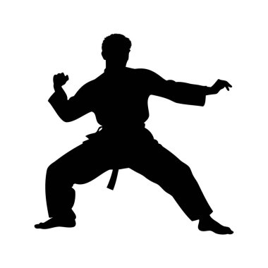 Dövüş sanatlarının silueti keskin siyah kontrast ile bir kata icra ediyor, dövüş sanatları dövüş duruşu silüet vektör ilülasyonu