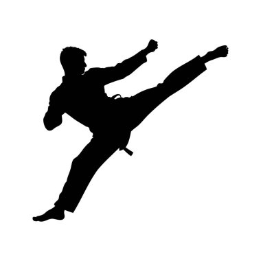 Bir adamın silueti karate duruşunda güçlü bir tekme atıyor, dövüş sanatları ustası sıçrama tekmesi çizimi yapıyor.