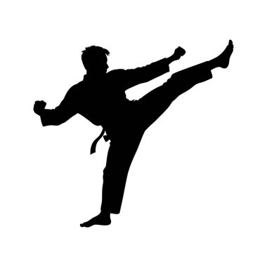 Karate Uygulayıcısının Silueti Dinamik Ön Tekmeyi Kesinlikle Çalıştırıyor, Dövüş sanatları tekmeleme silueti vektör çizimi yapıyor