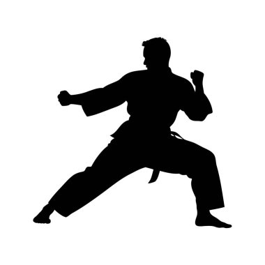Siyah kuşakla dövüşen bir karate pratisyeninin silueti, siluet vektör çizimi yapan bir dövüş sanatçısı.
