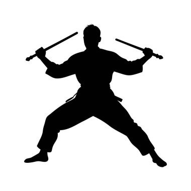 Bir dövüş sanatları ustasının silueti. Dinamik bir duruşta mınçıka kullanıyor. Mınçıka siluet vektör resimli bir dövüş sanatçısı.