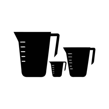 Farklı boyutlarda üç ölçü kabı basit bir siluette gösterilir, bardak silueti çizimi ölçülür