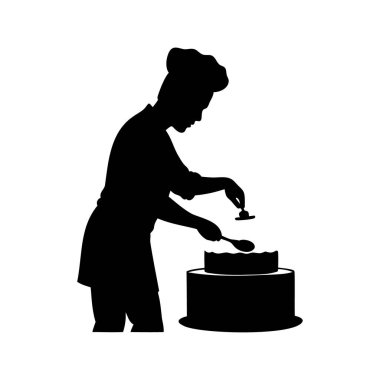 Profesyonel bir şefin silueti iki katlı kremalı pasta süslemesi, kek silueti çizimi yapan biri.