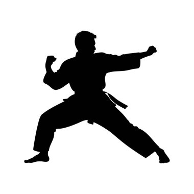 Yetenekli bir dövüş sanatçısı silueti karate duruşunda hareket ediyor, dövüş sanatları silueti çizimini engelliyor.