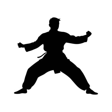 Dövüş sanatları yapan birinin silueti. Yumruklarını sıkmış, dövüş sanatları ustası. Duruşunda silüet çizimi yapıyor.