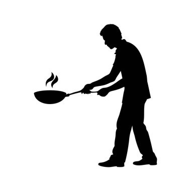 Görünür buhar efektiyle tavada yemek pişiren bir adamın silüeti, yemek silueti çizimi yapan bir adamın silueti.