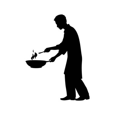 Tavada malzemeleri karıştıran şefin silueti yukarı doğru alevler içinde, yemek silueti çizimi yapan kişi...