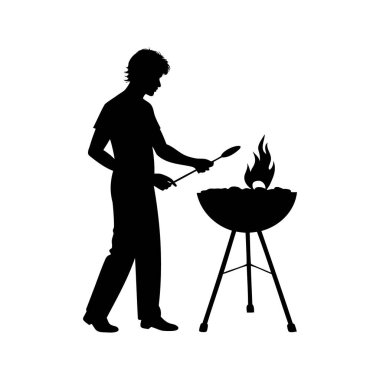 Izgarada alevlerle ızgara yapan bir insan silueti, yemek silueti çizimi yapan kişi.