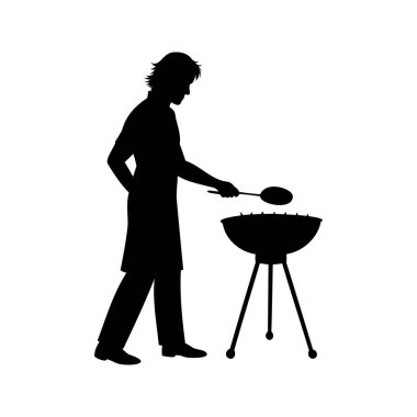 Beyaz arka planda barbekü ekipmanıyla dışarıda ızgara yapan bir adamın silueti, yemek silueti çizimi yapan biri.