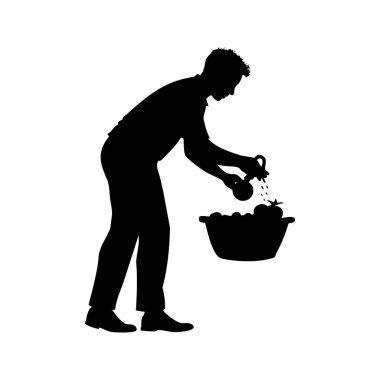 Bir kavanozla domatesleri yıkayan bir adamın silüeti, meyve silueti çizimi yapan bir adamın silüeti.